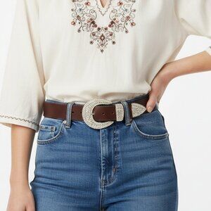 Vintage Le Chateau Leather Cowgirl Rhinestone Belt Bling Buckle Statement Brown